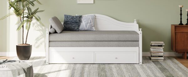 Twin Size Wood Daybed Extended Bed with Storage Drawers Wooden Sofa Bed for Living Room Guest Room, White