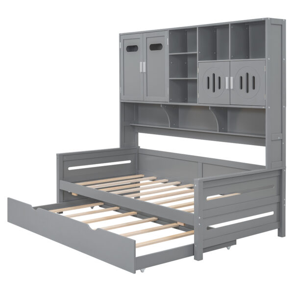 Twin Size Wooden Daybed With Twin Size Trundle, and All-in-One Cabinet and Shelf, Gray