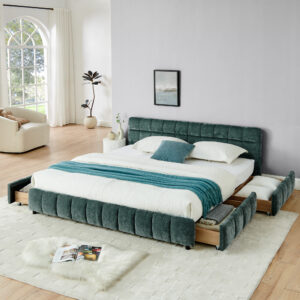 King Size Upholstered Bed ,comfortable upholstered bed frame, Chenille fabric, with headboard and solid bed frame. With drawer for storage-green(88.5''*85.5''*31'')