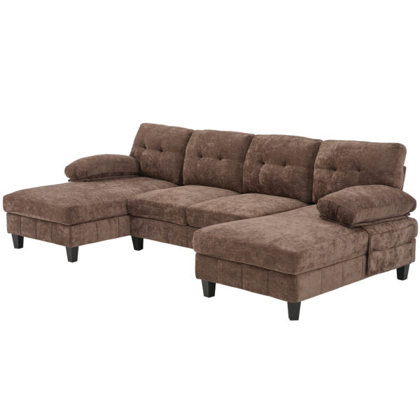 U-shaped Sectional Sofa 103.5" Chenille Fabric Couch with Dual Chaise Lounges, Storage Pockets and Armrest Pillows for Living Room, Brown
