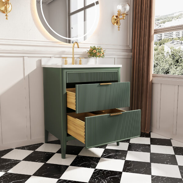 Fully Assembled 30''  Green Freestanding Single Sink Bathroom Vanity with Solid Wood Construction and Engineered Marble Top
