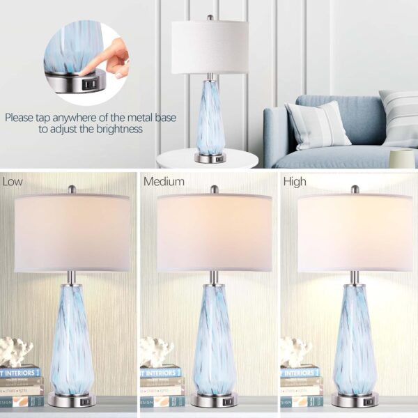 2d97783880c340809b4cb10ab0ae957f_c3e4c831b7f8822609fc45dbb90573b1 Modern Table Lamp Set of 2 Touch Control, 27" Tall Faded Swirl Blue Gray Art Glass Bedside Lamp with USB Ports, 3-Way Dimmable Hand Crafted Nightstand Lamps White Drum Shade for Living Room, Bedroom
