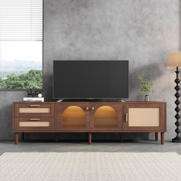 Rattan TV Stand with 3 Cabinets & 2 Drawers, Rattan-inspired Media Console Table for TVs up to 80'', LED Light Entertainment Center, TV cabinet for Living room, Bedroom, Home Theatre