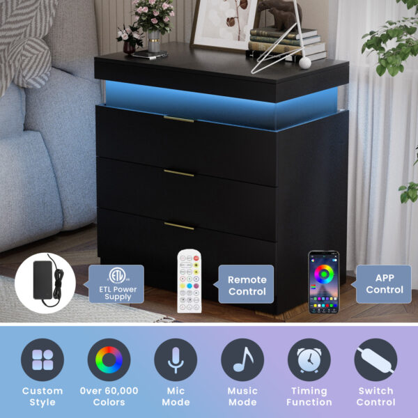 Nightstand with Charging Station and LED Lights,Night Stand with Sliding Top for Bedroom,Bedside Table with Drawers,Modern End Side Table,Black.28.8''W x 17''D x 30.5''H.