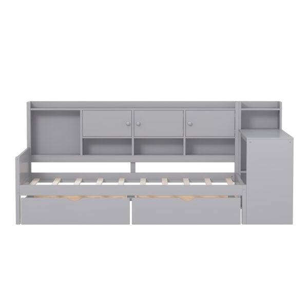 Twin Size Daybed with Storage 3 Cabinets and 2 Drawers, Wooden L-Shape Daybed Frame with Study Desk and Built-in Bookshelf, Multi-functional Bed for Bedroom Guest Room,Gray