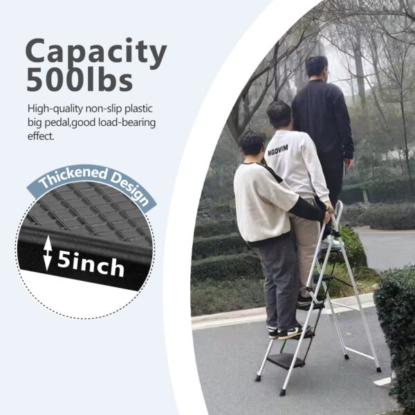 2e385e8cb2d14fbebea210995bce465e_e1d29ea1ee3fcd7bc61a5c09eb0b66fe White four-step ladder, light folding four-step stool, wide anti-skid pedal and safety handle, strong steel ladder, multi-purpose ladder, applicable to family, kitchen, office elevator