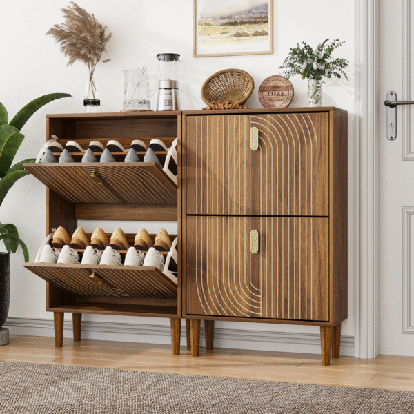 Shoe Storage Cabinet with 2 Flip Drawers,Free standing Shoe  Cabinet with Metal Handles for Entryway,Shoe Rack Cabinet with line groove design,23.6"W