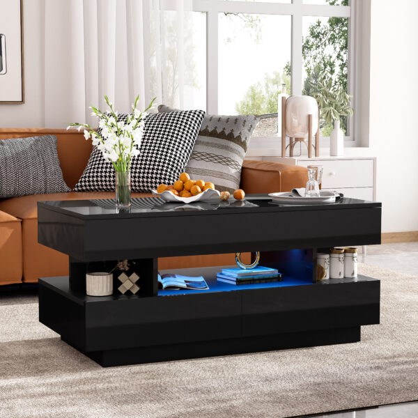 U-Can Lift-Top Coffee Table with 2 Drawers, Modern Coffee Table with Adequate Hidden Compartment, Multi-Functional Lift-Top Coffee Table with High-Gloss Finish for Living Room