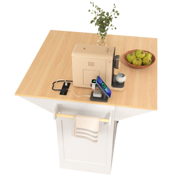 K&K 55.7'' Large Kitchen Island with 2 Drop Leaf,, Rolling Kitchen Cart on 5 Wheels with Power Outlet, Folding Storage Dining Table with Spice & Towel Rack , 3 Drawers, for Kitchen, Dining Room,White