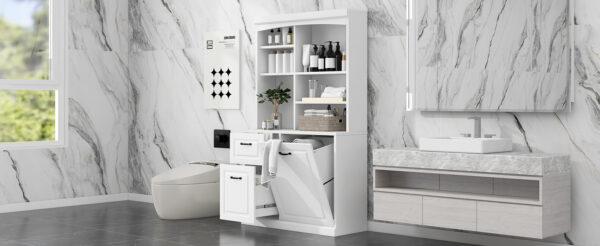 Bathroom Storage Cabinet with Tilt-Out Hamper, 70.9'' Tall Free Standing Organizer with Drawers & Adjustable Shelves, MDF Linen Tower with Steel Handles, White Finish