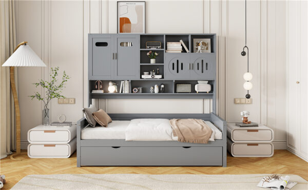 Twin Size Wooden Daybed With Twin Size Trundle, and All-in-One Cabinet and Shelf, Gray