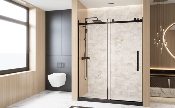 2ee1bef10df44100b2cacdba31268e18_432a89446c89da90a7870c7feeaae095 Frameless Single sliding shower door 60 "W x 76" H, 1/4 "(6 mm) Clear Tempered Glass, Explosion Proof Film, Stainless Steel Handle Square Tube Track ,Matte Black