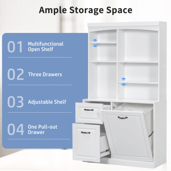 Bathroom Storage Cabinet with Tilt-Out Hamper, 70.9'' Tall Free Standing Organizer with Drawers & Adjustable Shelves, MDF Linen Tower with Steel Handles, White Finish