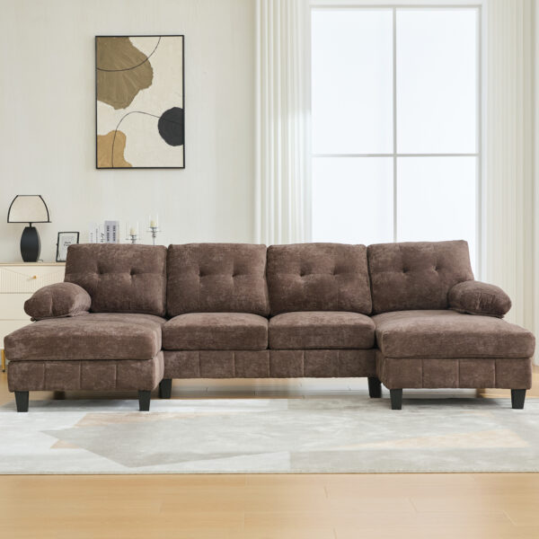 U-shaped Sectional Sofa 103.5" Chenille Fabric Couch with Dual Chaise Lounges, Storage Pockets and Armrest Pillows for Living Room, Brown