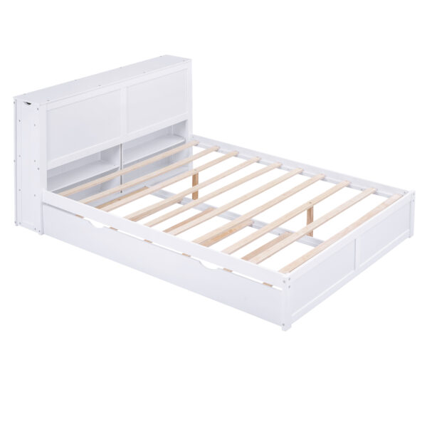 Queen Size Storage Platform Bed with Pull Out Shelves and Twin  XL Size Trundle, White