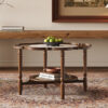 Mid-Century Style Coffee Table with Petal Shape and White Crackle Pattern Glass, 2-Tiered Coffee Table with Rattan, Walnut, 31.5"
