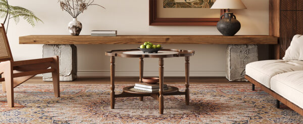 Mid-Century Style Coffee Table with Petal Shape and White Crackle Pattern Glass, 2-Tiered Coffee Table with Rattan, Walnut, 31.5"