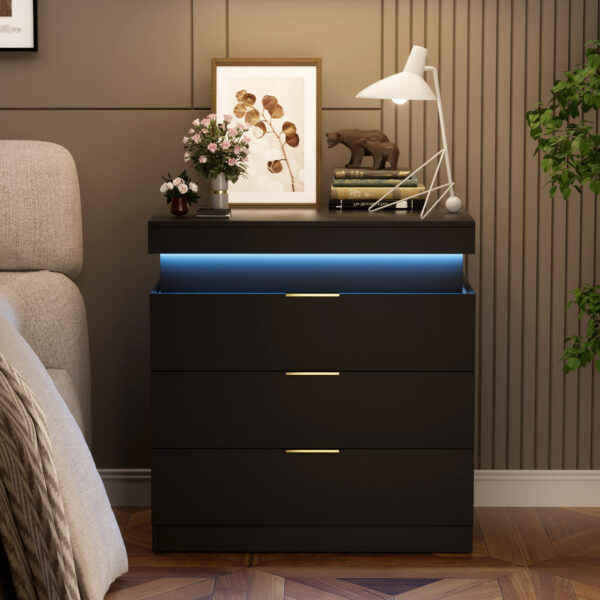 Nightstand with Charging Station and LED Lights,Night Stand with Sliding Top for Bedroom,Bedside Table with Drawers,Modern End Side Table,Black.28.8''W x 17''D x 30.5''H.