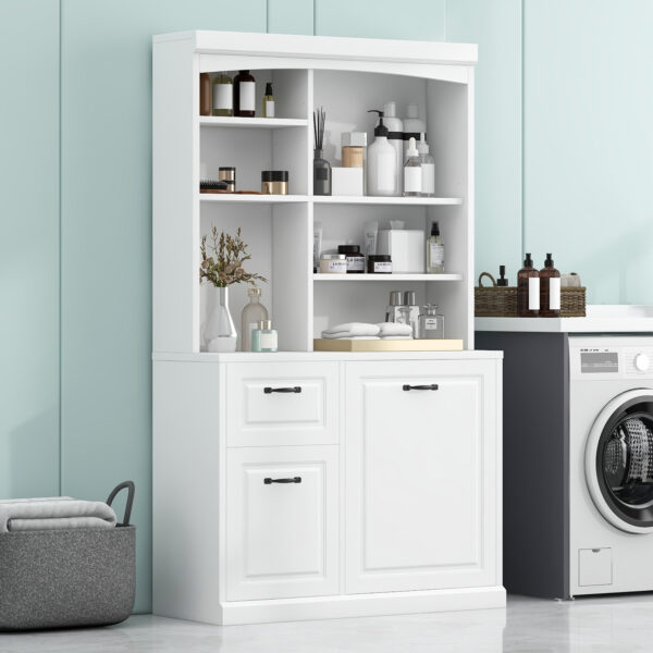 Bathroom Storage Cabinet with Tilt-Out Hamper, 70.9'' Tall Free Standing Organizer with Drawers & Adjustable Shelves, MDF Linen Tower with Steel Handles, White Finish
