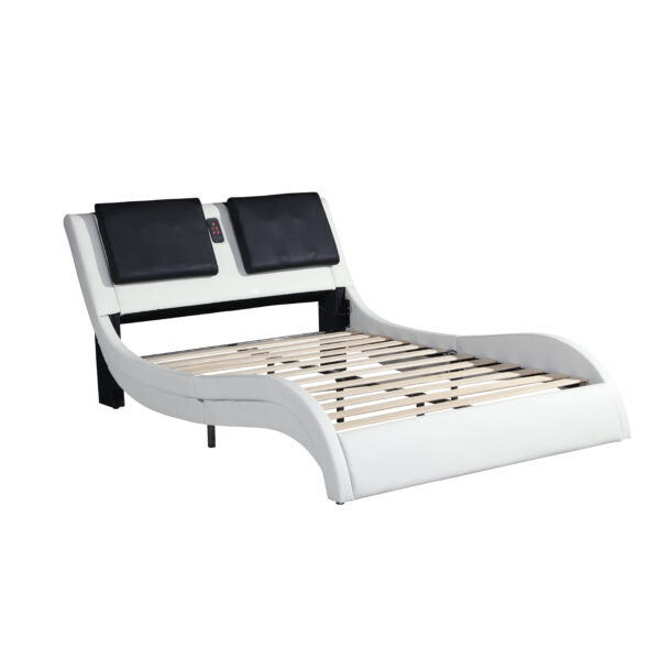 3212676a1d3646e2a88da75f3b475740_20221205_cc857694fc6b5fb9ccad73e4b8df79c5 Faux Leather Upholstered Platform Bed Frame with led lighting ,Bluetooth connection to play music control,Backrest vibration massage,Curve Design, Wood Slat Support, No Box Spring Needed,Queen