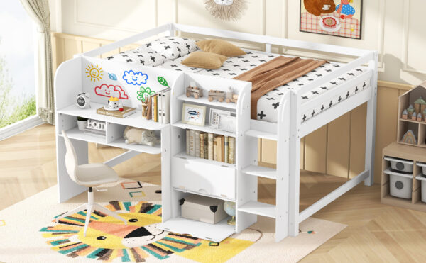 Full Size Low Loft Bed with Built-in Desk,Storage Cabinets and Open Bookcase,Whiteboard for Graffiti,White(ETA:7/8)