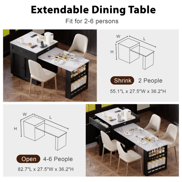 K&K 82.7 inch Kitchen Island with Extendable Dining Table for 4-6 Person,Faux Mable Kitchen Table with Double-sized Storage,Power Outlet,Kitchen island with Storage 2 Drawers 2 Side Open Shelves,Black