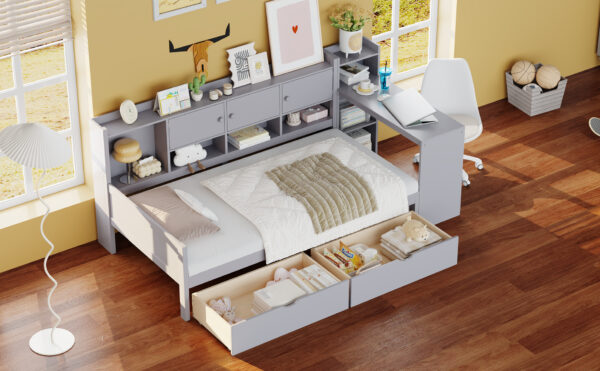 Twin Size Daybed with Storage 3 Cabinets and 2 Drawers, Wooden L-Shape Daybed Frame with Study Desk and Built-in Bookshelf, Multi-functional Bed for Bedroom Guest Room,Gray