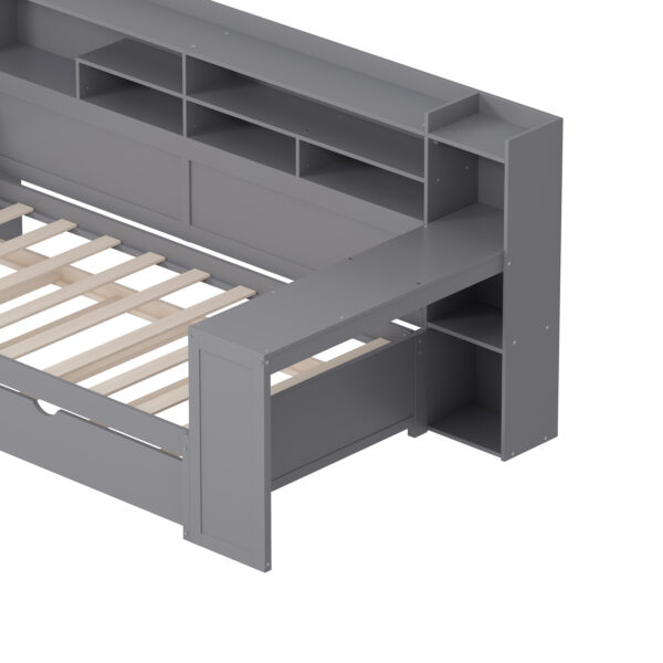 Wooden Twin Size Daybed with Storage Shelves, Multi-functional Bed with Twin Size Trundle Bed and  Study Desk, Gray