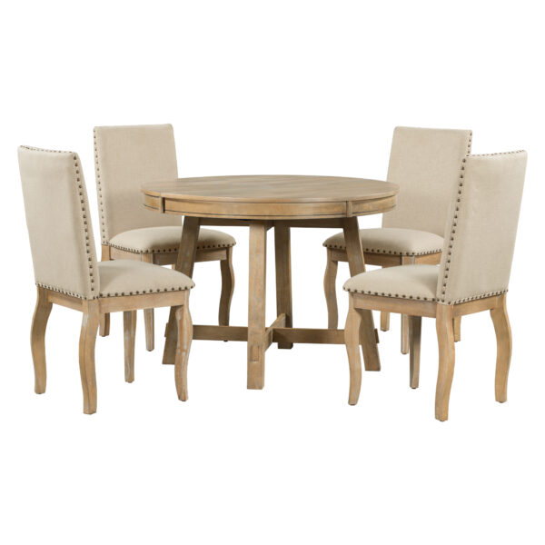 TREXM 5-Piece Farmhouse Dining Table Set Wood Round Extendable Dining Table and 4 Upholstered Dining Chairs (Natural Wood Wash)