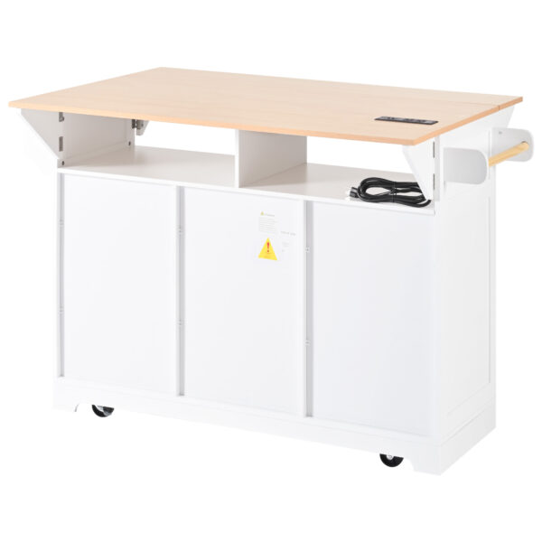 K&K 55.7'' Large Kitchen Island with 2 Drop Leaf,, Rolling Kitchen Cart on 5 Wheels with Power Outlet, Folding Storage Dining Table with Spice & Towel Rack , 3 Drawers, for Kitchen, Dining Room,White
