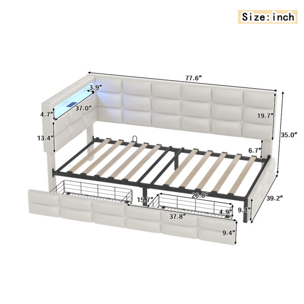 Upholstered Twin Size Daybed with Storage 2 Drawers and Charging Station, Day Bed Frame with LED Lights and Storage Headboard, No Box-Spring Needed, Beige