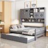 Full Size Wooden Daybed With Twin Size Trundle, and All-in-One Cabinet and Shelf, Gray