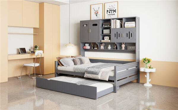 Full Size Wooden Daybed With Twin Size Trundle, and All-in-One Cabinet and Shelf, Gray