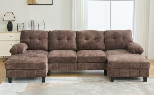 U-shaped Sectional Sofa 103.5" Chenille Fabric Couch with Dual Chaise Lounges, Storage Pockets and Armrest Pillows for Living Room, Brown