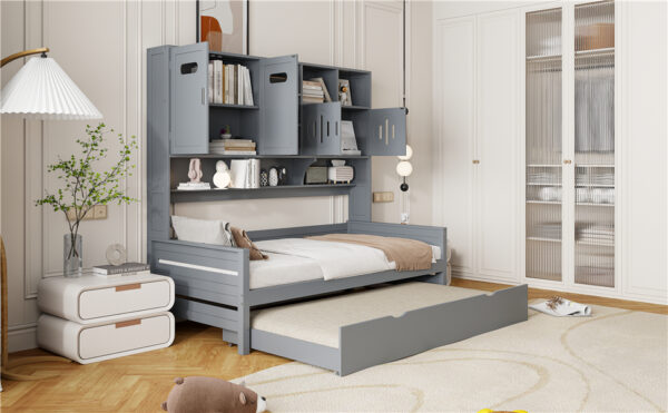 Twin Size Wooden Daybed With Twin Size Trundle, and All-in-One Cabinet and Shelf, Gray