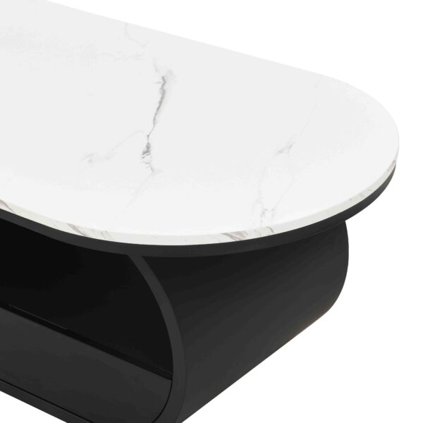 Luxury Modern Oval Coffee Table, 47.24'' Coffee Table with Storage Drawer, Faux Marble Top, Black Metal Center Table for Living Room