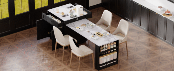 K&K 82.7 inch Kitchen Island with Extendable Dining Table for 4-6 Person,Faux Mable Kitchen Table with Double-sized Storage,Power Outlet,Kitchen island with Storage 2 Drawers 2 Side Open Shelves,Black