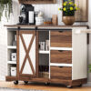 K&K 55.5" Farmhouse Kitchen Island with Drop Leaf, Kitchen Storage Island with Barn Door, Power Outlet, Rolling Kitchen Cart on Wheels with Spice Rack, for Home, Kitchen, Dining Room, White