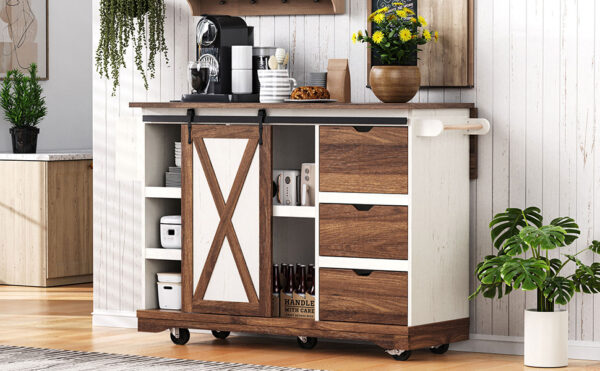 K&K 55.5" Farmhouse Kitchen Island with Drop Leaf, Kitchen Storage Island with Barn Door, Power Outlet, Rolling Kitchen Cart on Wheels with Spice Rack, for Home, Kitchen, Dining Room, White