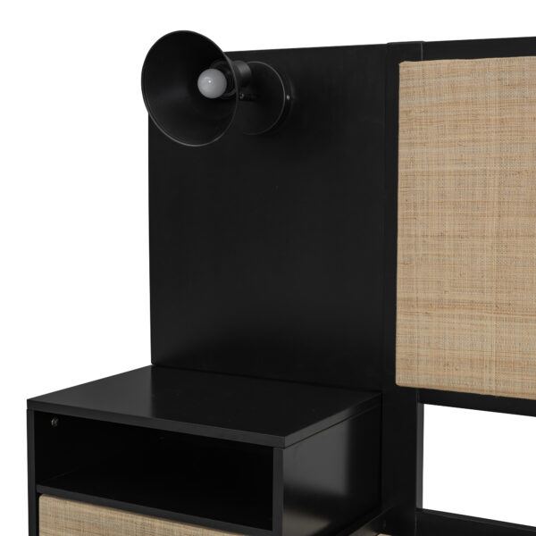 Queen Size Solid Wood Bed Frame with 2 Nightstands, Elegant Design with Lamps, Rattan and Wood Combination,Black