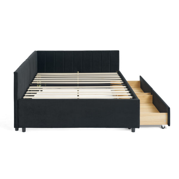 371dfe1e03b54785b8daa773780366a4_71a10579999fd9513ddffd686b7c9528 Full Size Upholstered Tufted Bed Frame with Two Drawers, Sofa Bed Frame with Comfortable Backrest and Armrests, Velvet, Black(79.5''x58''x25'')