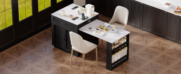 K&K 82.7 inch Kitchen Island with Extendable Dining Table for 4-6 Person,Faux Mable Kitchen Table with Double-sized Storage,Power Outlet,Kitchen island with Storage 2 Drawers 2 Side Open Shelves,Black
