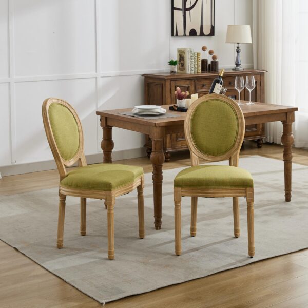 A&A Furniture,French Style Solid Wood Frame Antique Painting Linen Fabric Back Dining Chair,Set of 2,SW1845OL,Olive Green
