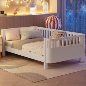 Twin Size Wood Platform Bed for Kids, Wood Low Profile Twin Bed with Rails for Girls and Boys, White (Patented Design)