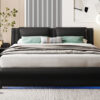 Full Size Upholstered Faux Leather Platform Bed with LED Light Bed Frame with Slatted - Black