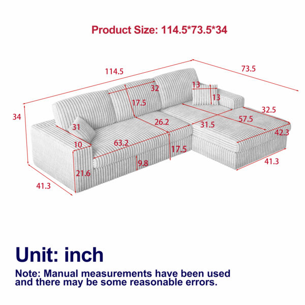 3817082a993540a0a4d276778102bc21_68b566cc430b88fb7f1a679d9f59459c 114.5'Modern Corduroy Modular foam Sofa, Recliner Seat reversible Sofa, 2-in-1 Sofa with Recliner and L-Shaped Sofa Combination with Three Cushion Neck Pillow Combination and Two Throw Pillows