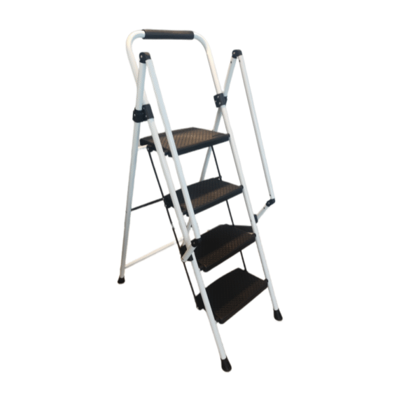 3880b4916c8b458eaa22a6961fd9f060_c6c8e7911a553daffdd0588c41a52700 White four-step ladder, light folding four-step stool, wide anti-skid pedal and safety handle, strong steel ladder, multi-purpose ladder, applicable to family, kitchen, office elevator