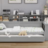 Wooden Twin Size Daybed with Storage Shelves, Multi-functional Bed with Twin Size Trundle Bed and  Study Desk, Gray