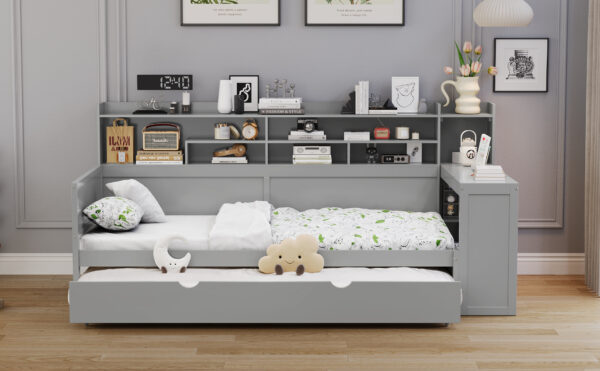 Wooden Twin Size Daybed with Storage Shelves, Multi-functional Bed with Twin Size Trundle Bed and  Study Desk, Gray