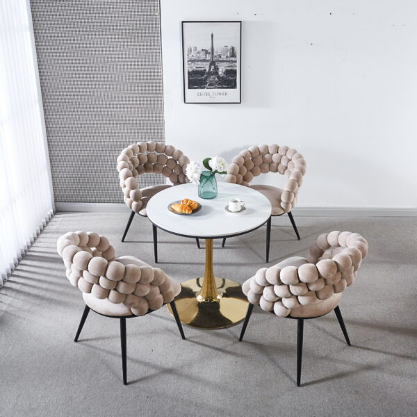white Modern chair(set of 2 ) with golden color iron tube legs,  soft cushions and comfortable backrest, suitable for dining room, living room, cafe,hairball back